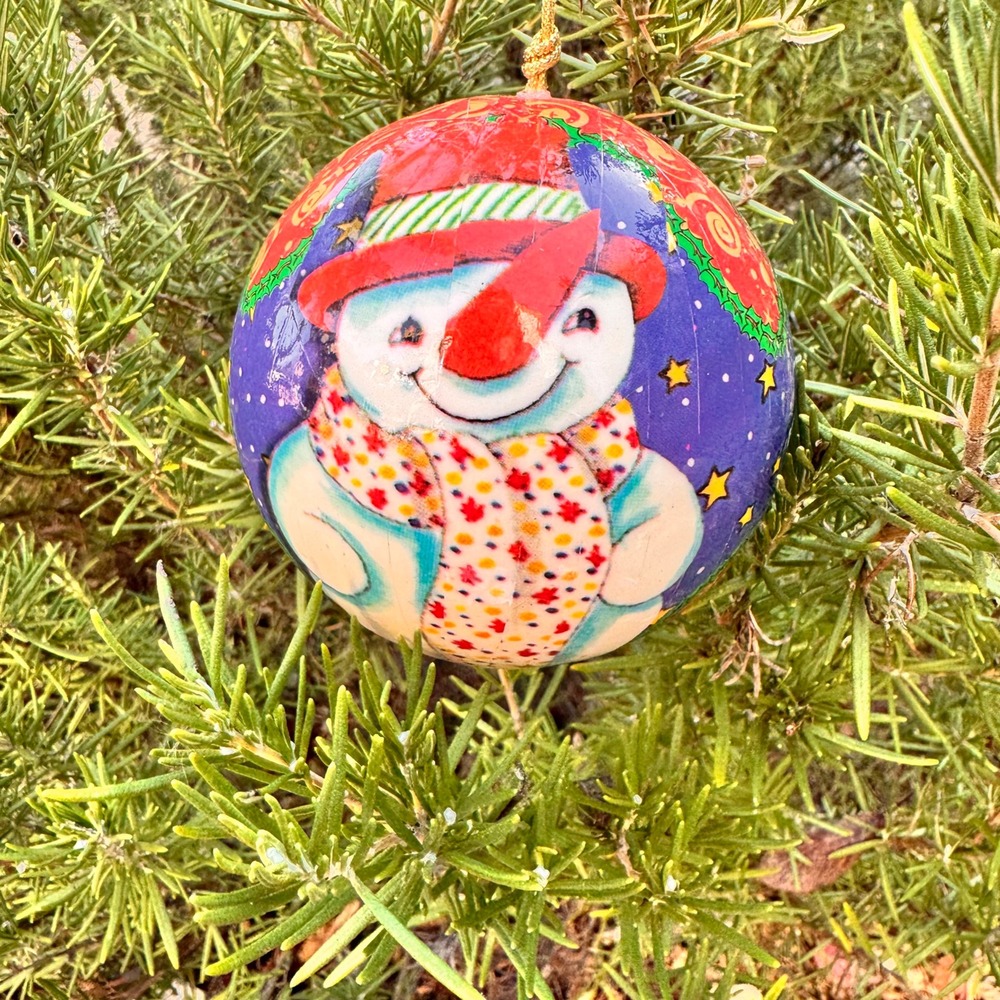 80s Handcrafted Christmas Ornament Snowman Holiday Festive Winter Scene Ball - Picture 3 of 5